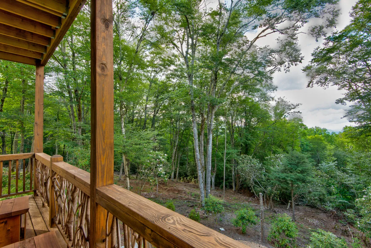 A wooden deck surrounded by tall trees and lush greenery, with a rustic railing and hints of a fire pit area. The setting is tranquil and invites guests to relax after a day of exploration, while also suggesting immediate access to hiking trails and woodland adventures.