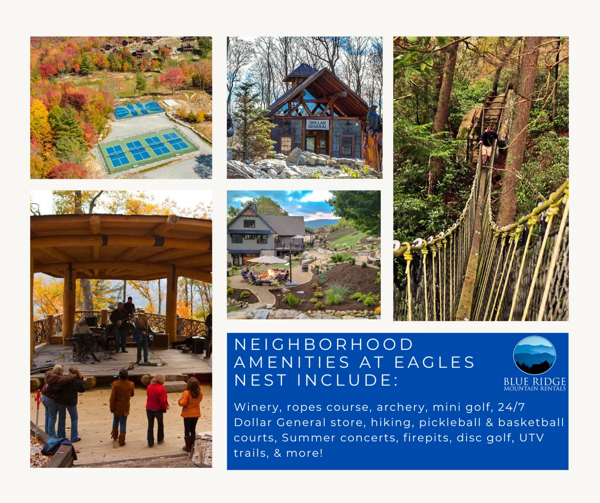 This image features the community amenity area at Eagles Nest, including open green spaces, well-maintained walking trails, and visible recreational facilities. In the distance, you can spot groups enjoying mini golf, people hiking, and a gathering at an outdoor stage set up for summer concerts. The scene is lively, with families and children participating in outdoor fun against a backdrop of scenic mountain views.